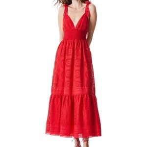 Alice and Olivia Red Eyelet Maxi Dress Tie Shoulder